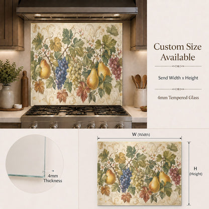 Durable tempered glass kitchen panel with fruit pattern acting as a grease guard behind a range stove.