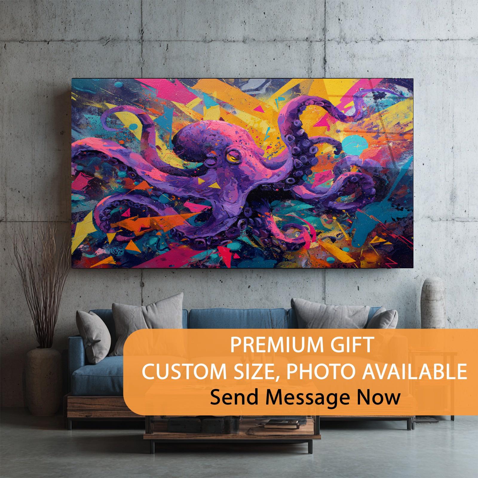 Colorful abstract painting of an octopus on a wall above a sofa with promotional text overlay.