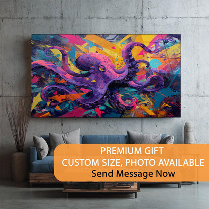 Colorful abstract painting of an octopus on a wall above a sofa with promotional text overlay.