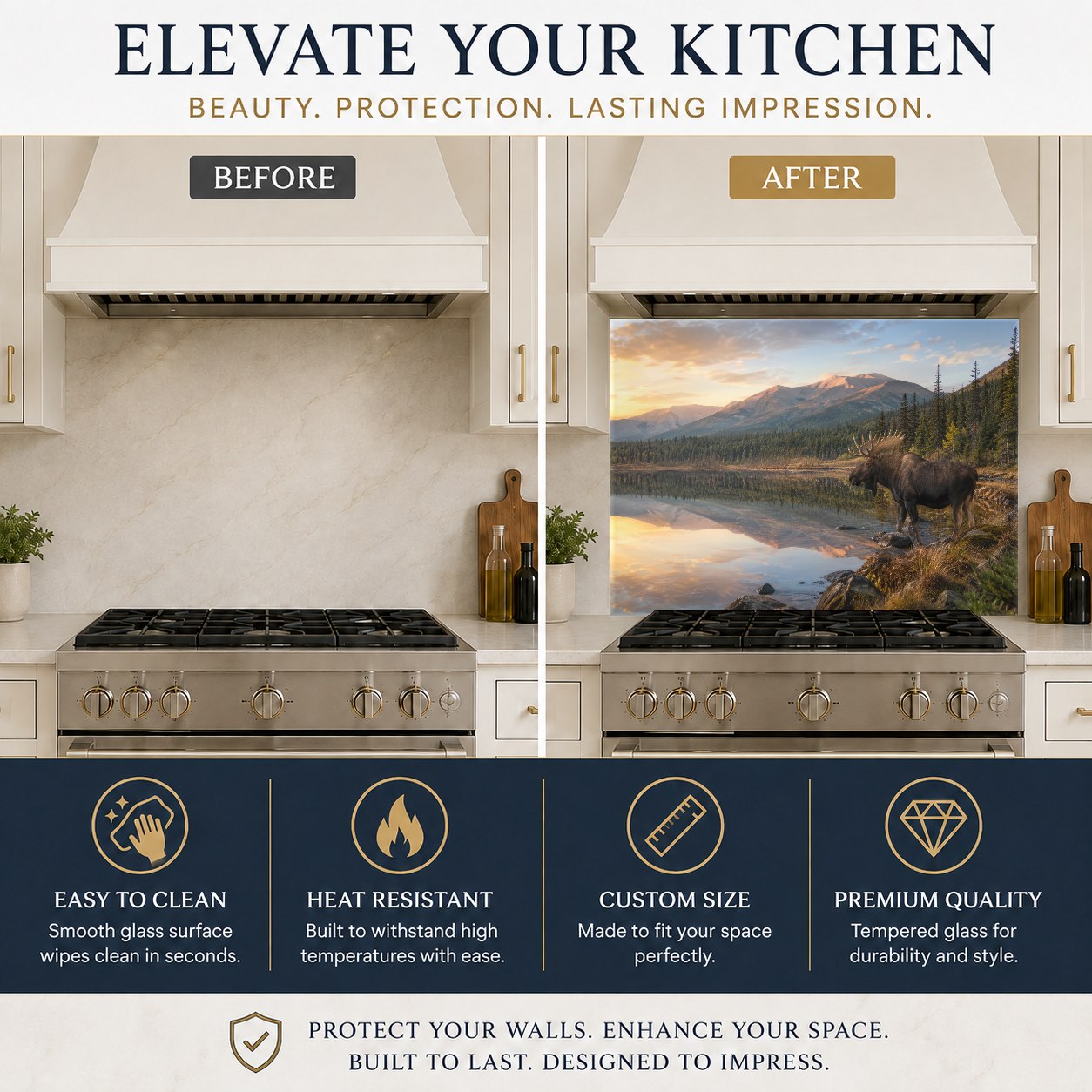 Warm kitchen island setup showcasing a scenic forest and elk glass backsplash panel on the back wall.