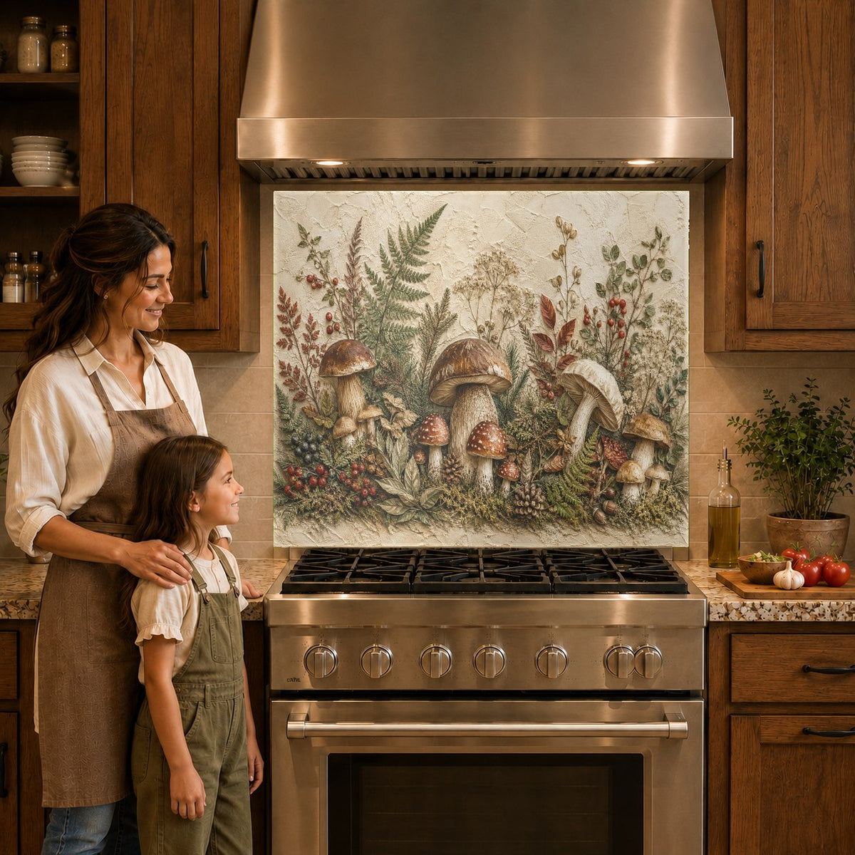 Enchanting forest mushroom glass backsplash panel protecting the wall behind an induction cooktop.
