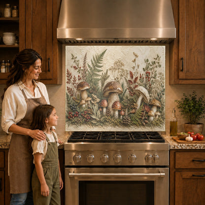 Enchanting forest mushroom glass backsplash panel protecting the wall behind an induction cooktop.
