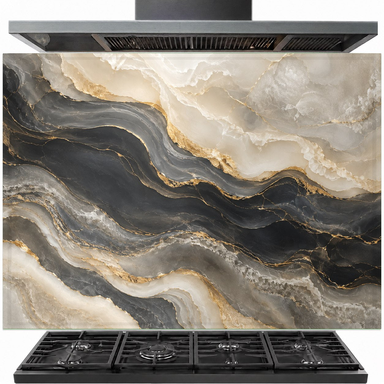 Golden Onyx tempered glass backsplash installed behind a stainless steel stove