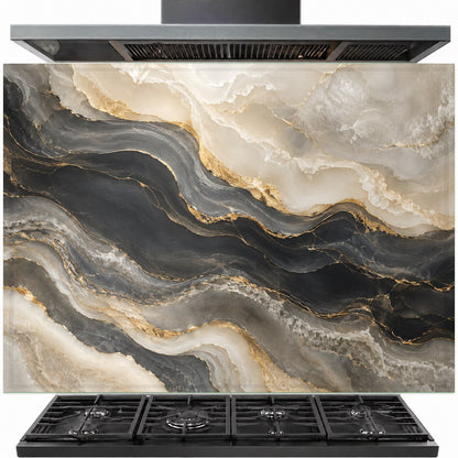 Golden Onyx tempered glass backsplash installed behind a stainless steel stove