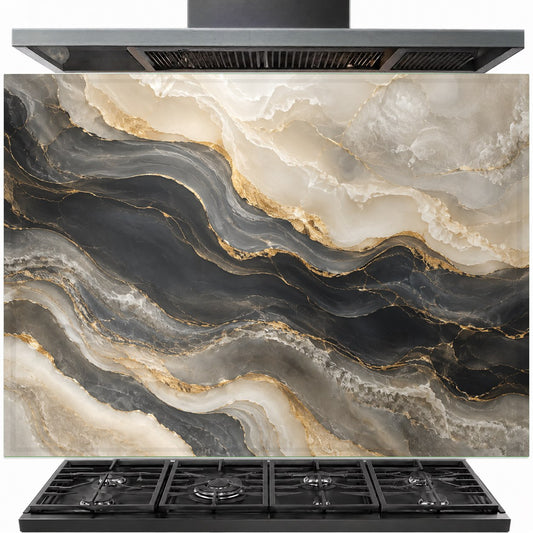 Golden Onyx tempered glass backsplash installed behind a stainless steel stove