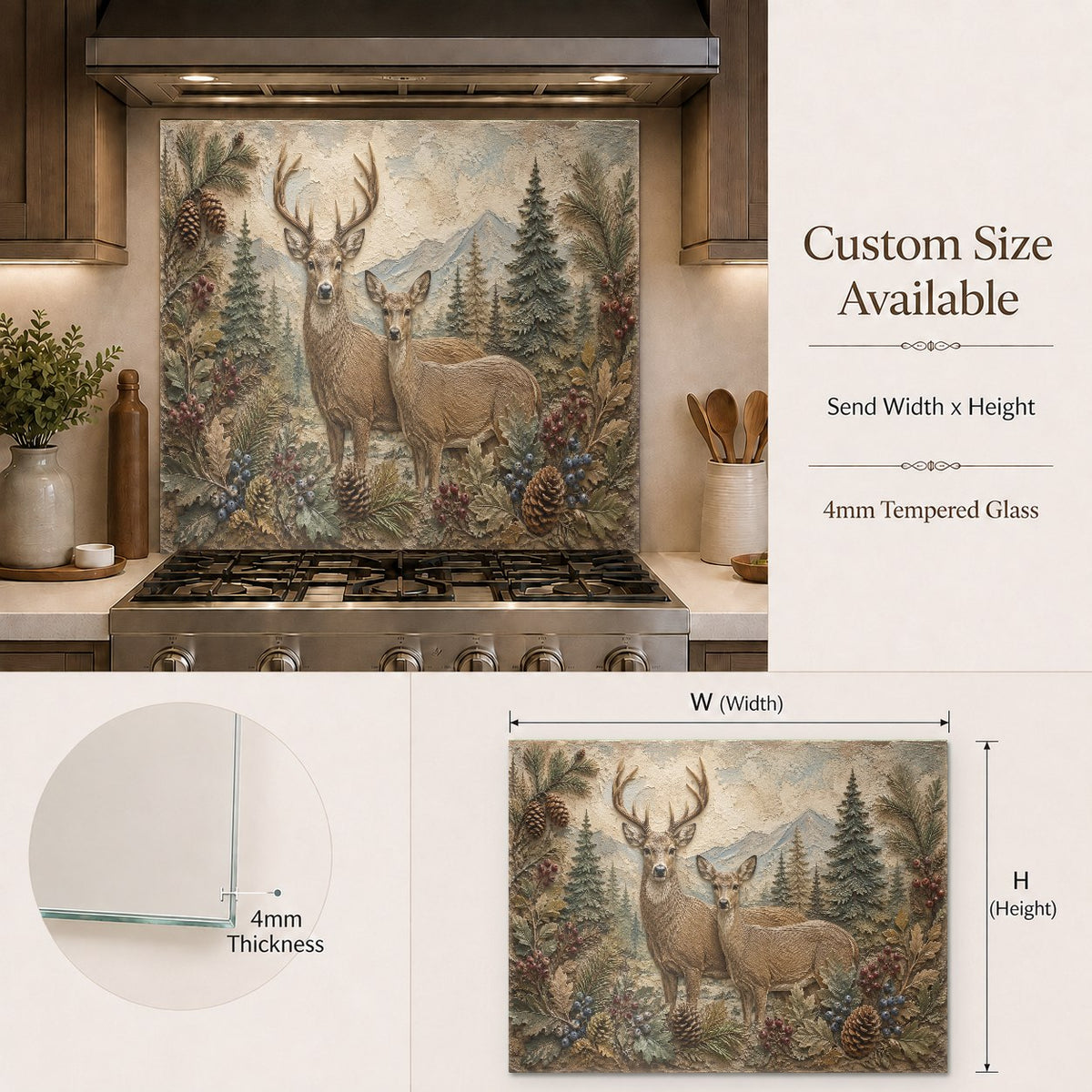 Elegant wildlife themed kitchen backsplash panel mounted on the wall behind a sleek induction cooktop.