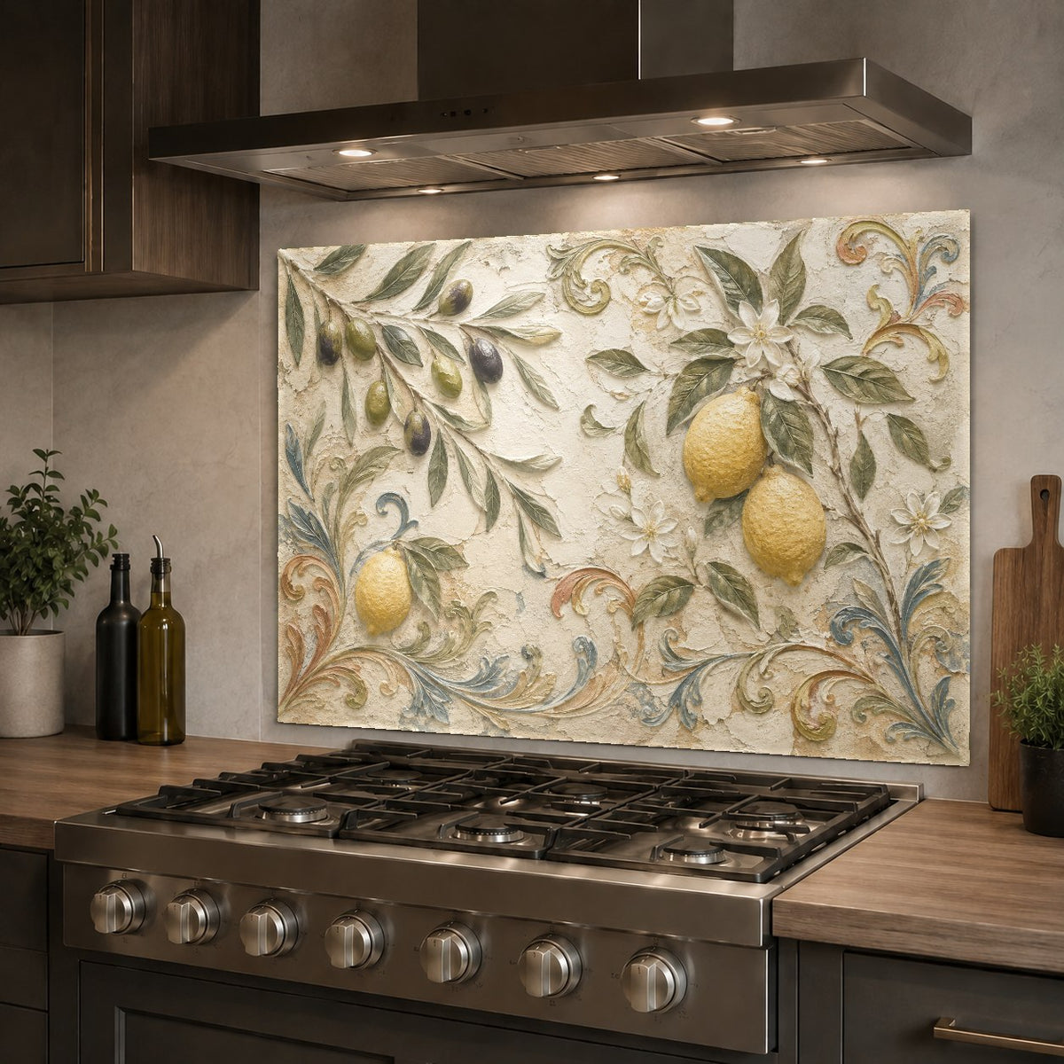A custom-sized Mediterranean glass backsplash panel serving as an easy-to-clean stove splash guard.