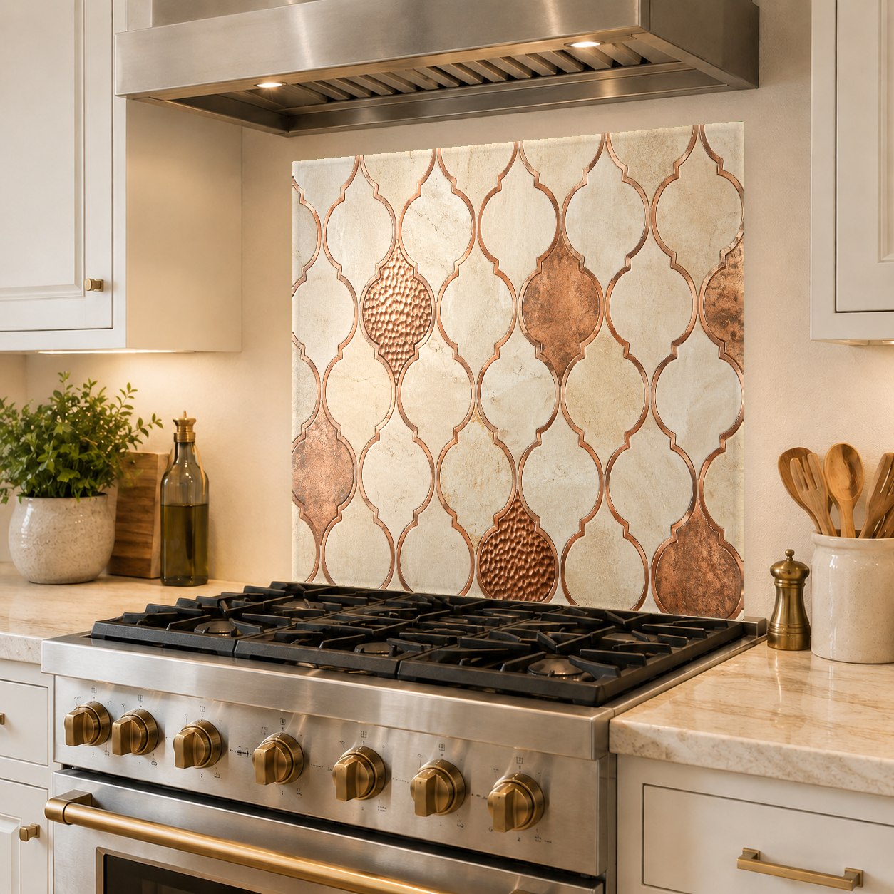 High-gloss copper geometric glass panel installed as a full backsplash behind a modern kitchen sink.