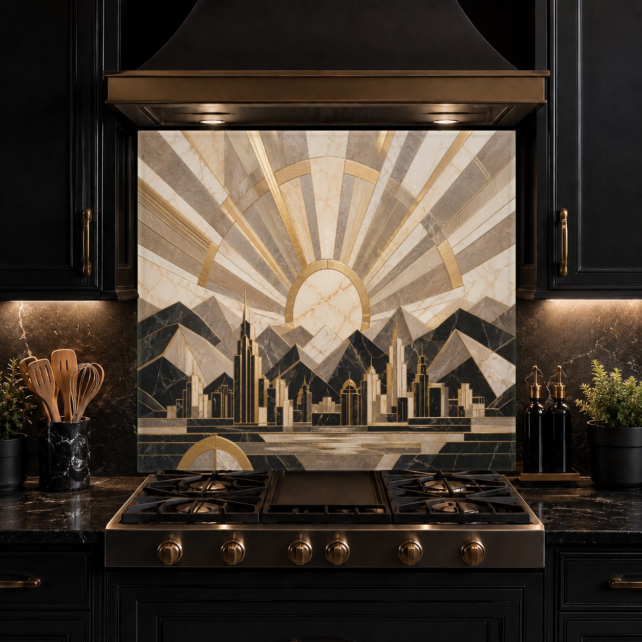 Custom-fit Deco Horizon glass backsplash panel installed on a contemporary kitchen wall with under-cabinet lighting.
