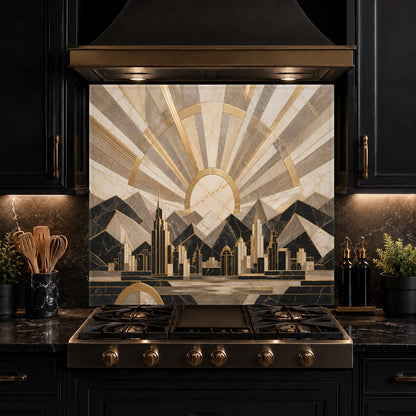 Custom-fit Deco Horizon glass backsplash panel installed on a contemporary kitchen wall with under-cabinet lighting.