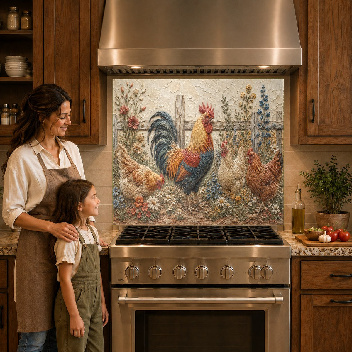 Rustic rooster kitchen glass panel mounted behind electric cooktop
