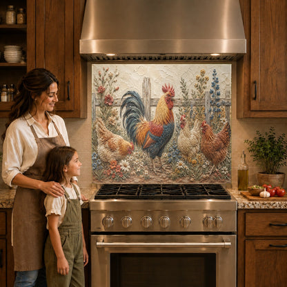 Rustic rooster kitchen glass panel mounted behind electric cooktop
