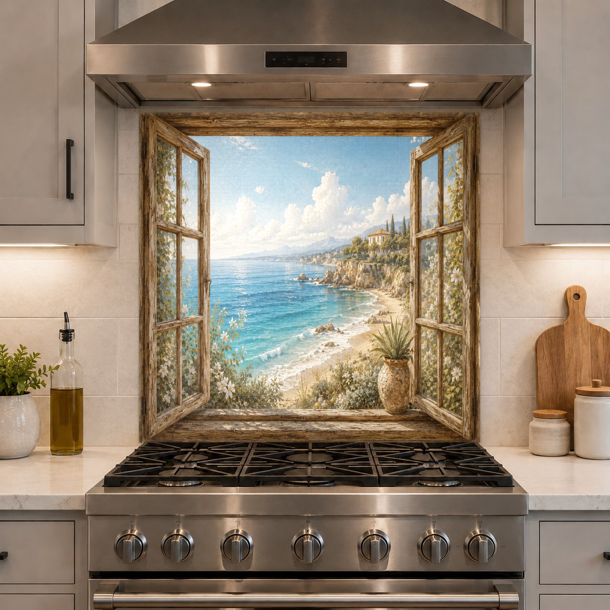 Beach themed glass backsplash on kitchen island wall