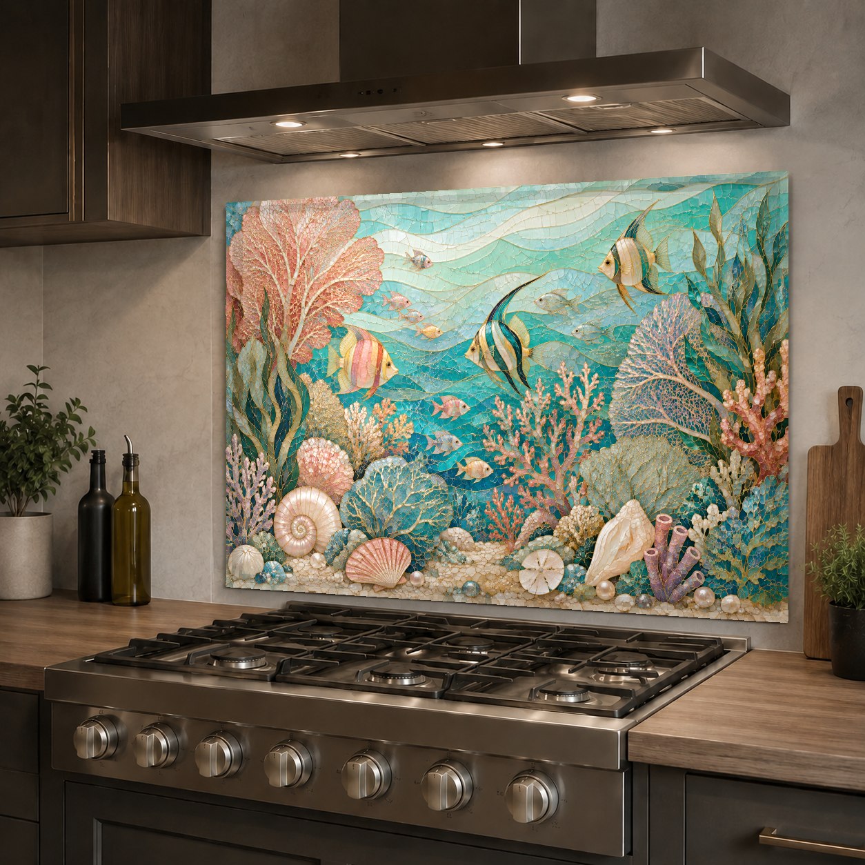 Tranquil ocean scene kitchen glass backsplash behind a sink wall