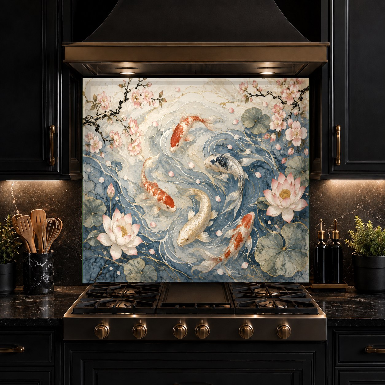 Vibrant koi fish kitchen backsplash installed in a contemporary white kitchen