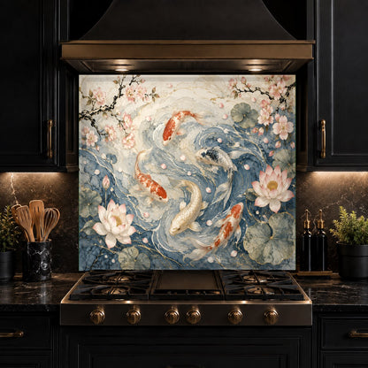 Vibrant koi fish kitchen backsplash installed in a contemporary white kitchen