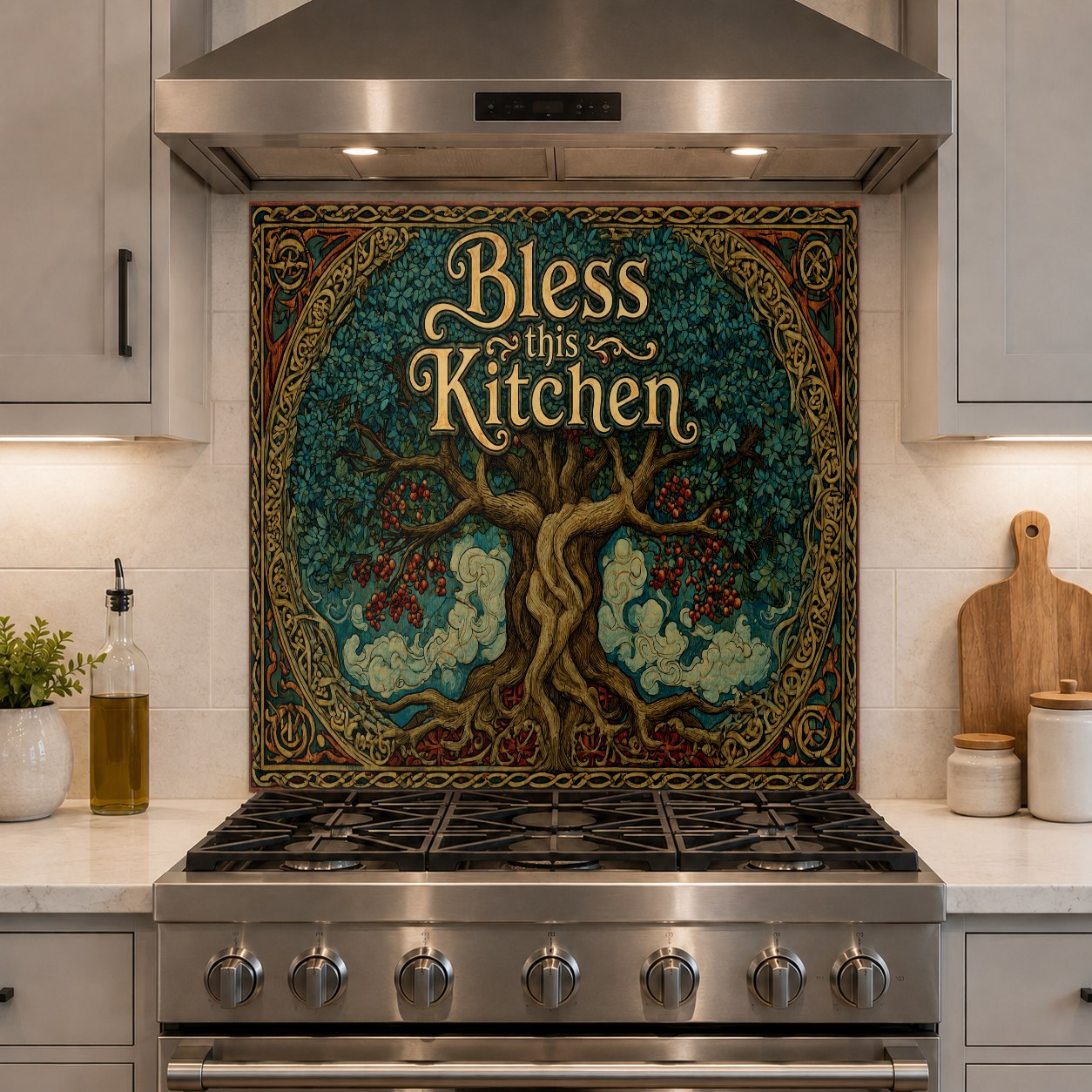 Bless This Kitchen glass backsplash protecting the wall behind an electric range