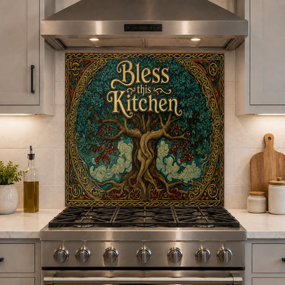 Bless This Kitchen glass backsplash protecting the wall behind an electric range