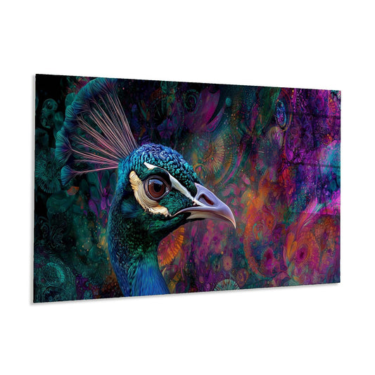 Colorful abstract painting of a peacock head on a white background