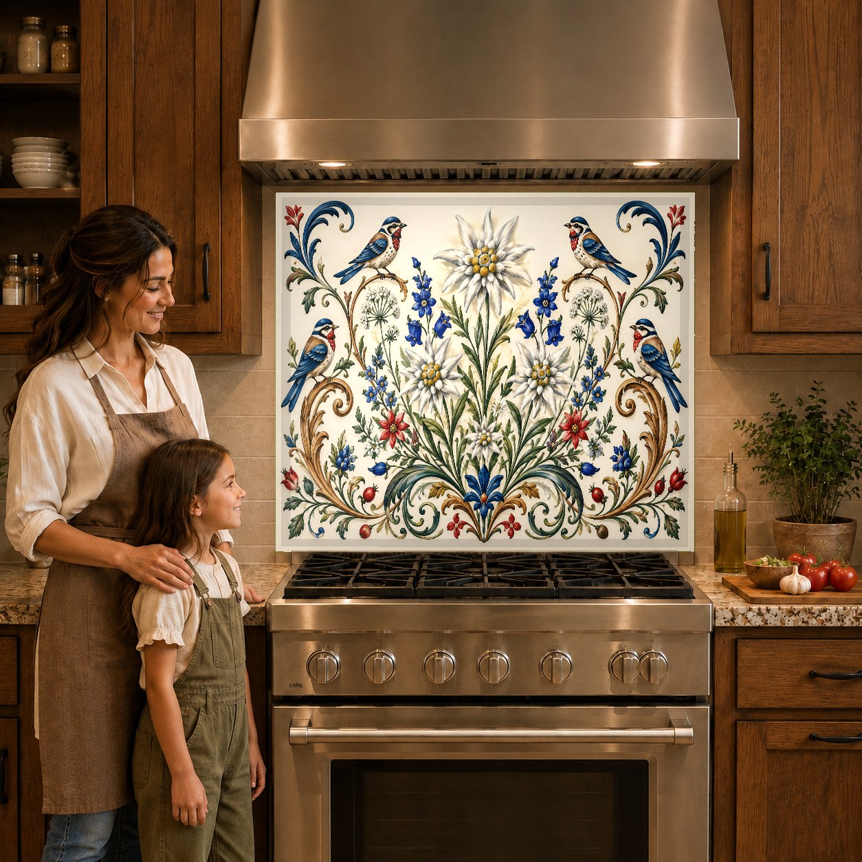 Close-up view of vibrant coral garden floral glass backsplash panel behind a modern kitchen cooktop
