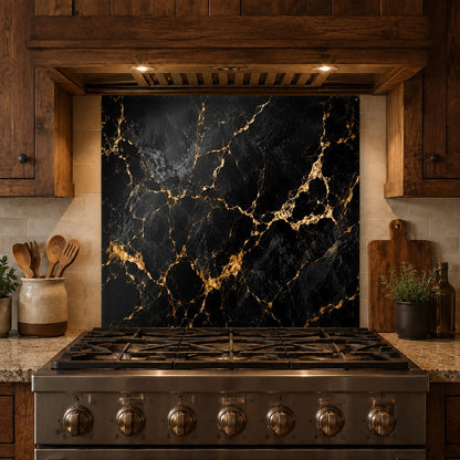 Modern kitchen island with a matching noir marble glass backsplash panel on the back wall.