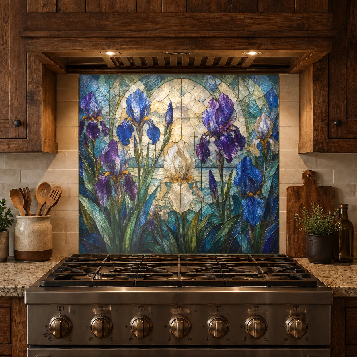 Iris Garden glass backsplash panel installed in a modern home bar area
