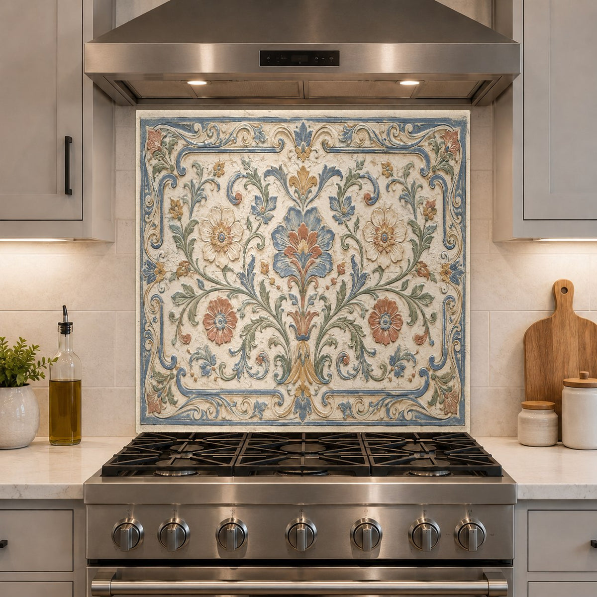 High-gloss mosaic tile pattern tempered glass backsplash in a bright coastal style kitchen.