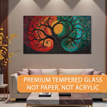 Colorful abstract wall art above a sofa with text about premium tempered glass.