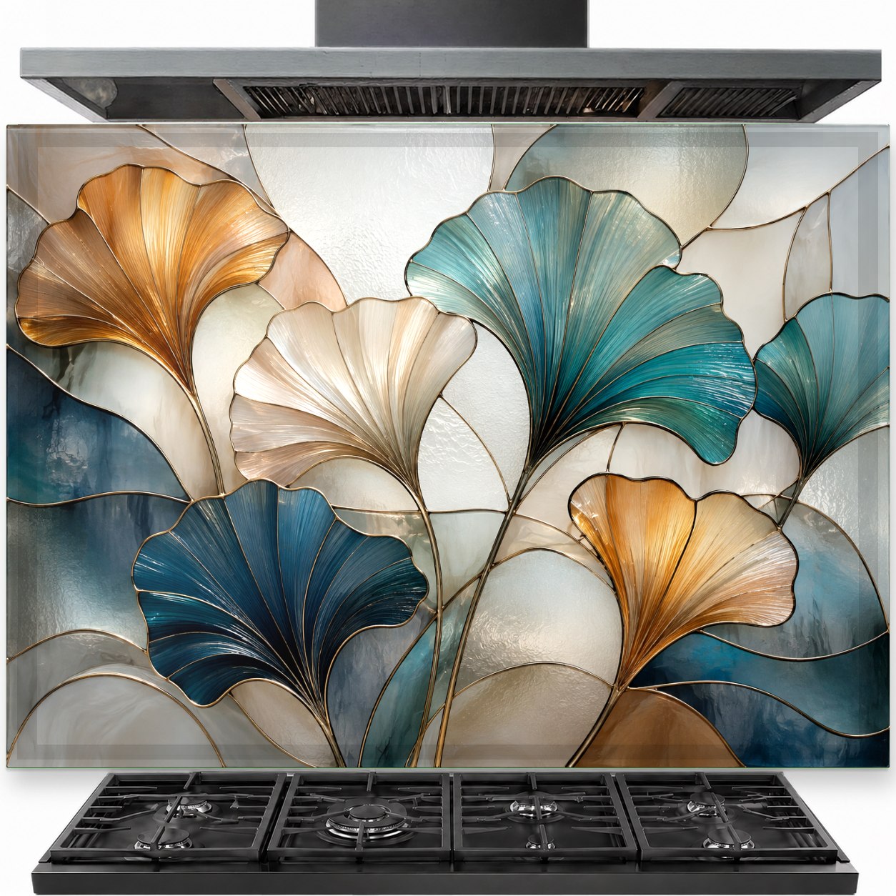 Floral stained glass tempered glass backsplash installed behind a modern gas stove