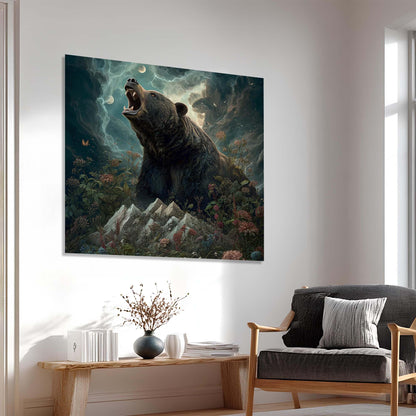 Large painting of a bear in a forest scene above a sofa in a living room.