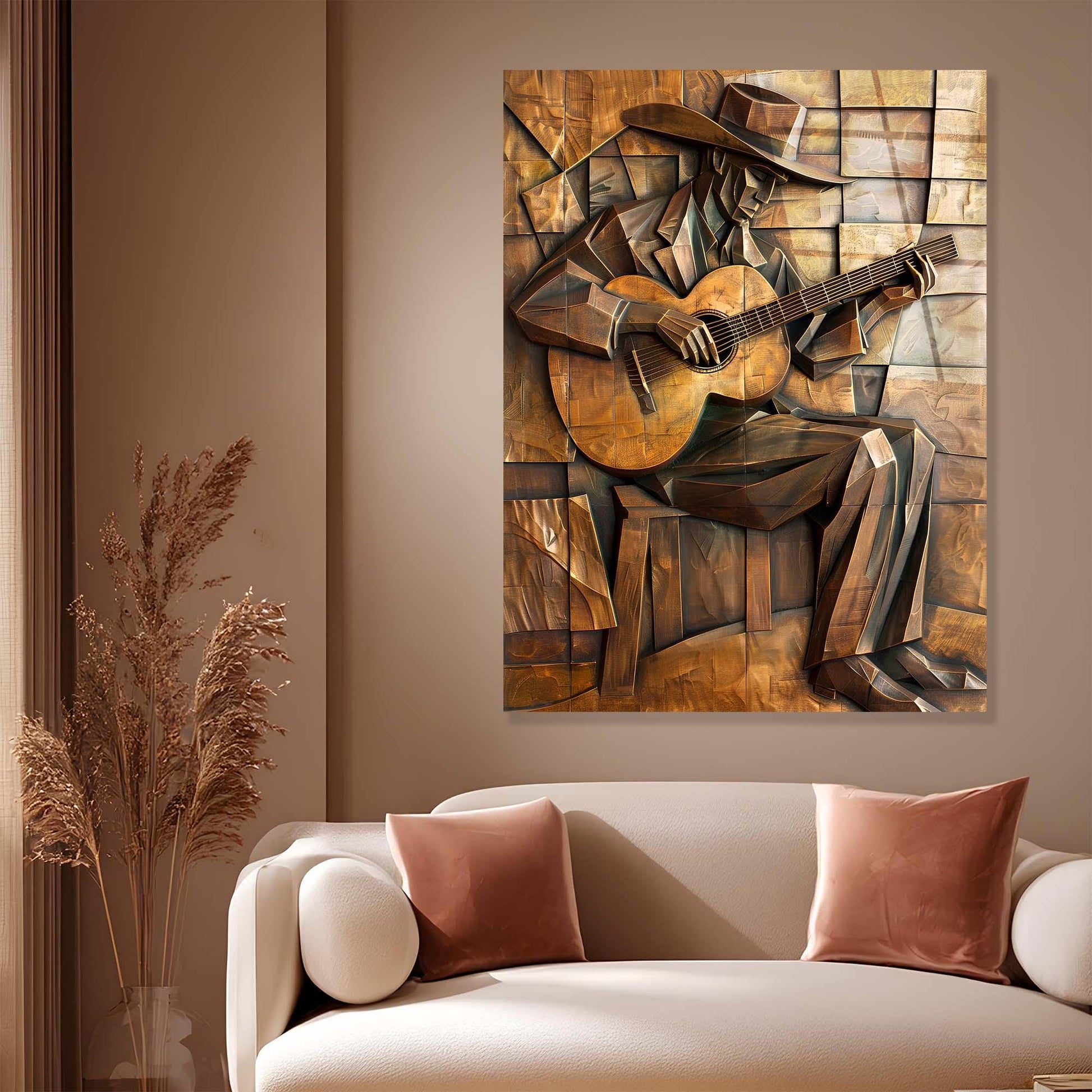 Abstract artwork of a figure playing guitar on a wall above a sofa with decorative pillows.