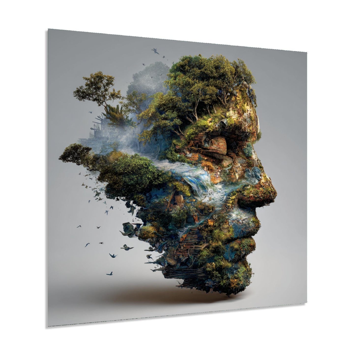 Artistic depiction of a face formed by nature with trees and water on a gray background