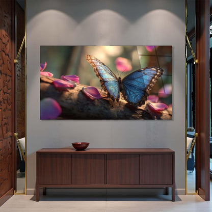 Large TV screen displaying a butterfly on a wall above a wooden cabinet.