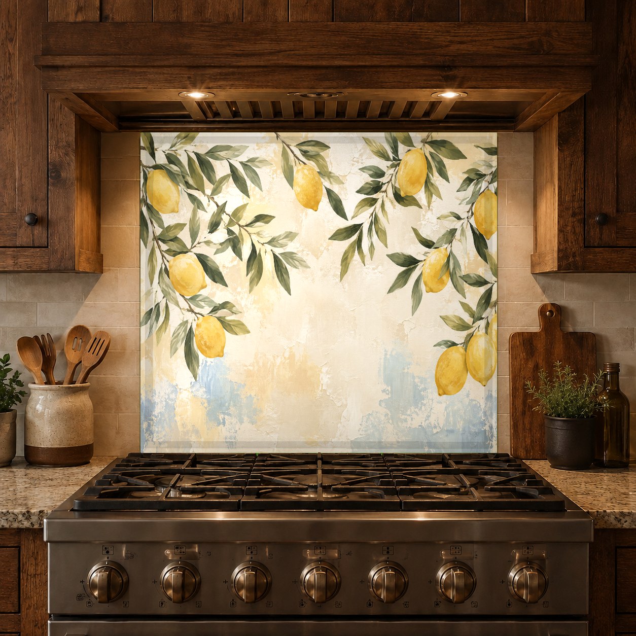 Tempered glass stove splash guard with a fresh lemon tree botanical pattern