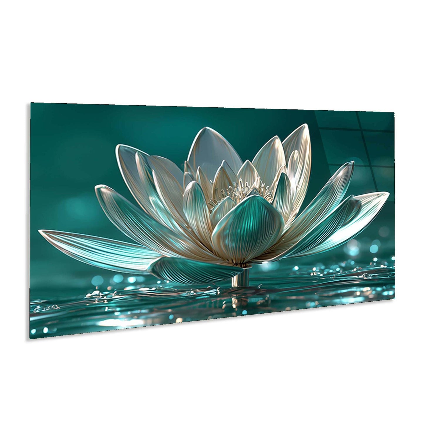 Glass sculpture of a lotus flower on a reflective water surface with a teal background