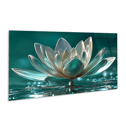 Glass sculpture of a lotus flower on a reflective water surface with a teal background