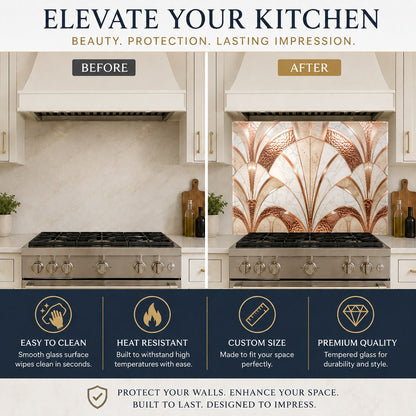 Sleek artistic copper glass backsplash protecting the wall behind a kitchen sink area