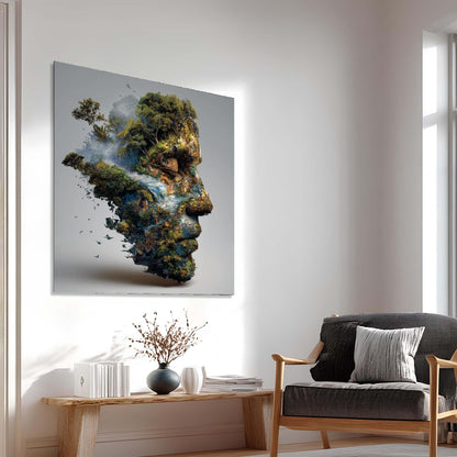 Modern living room with a large abstract painting of a face on the wall.