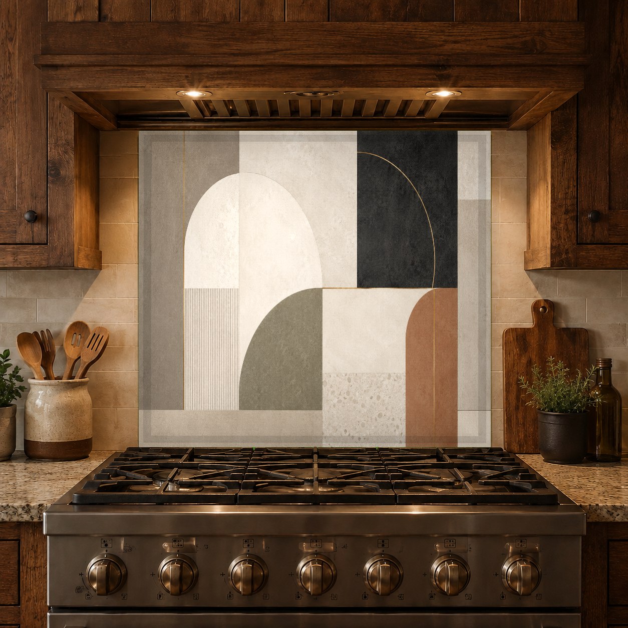 Durable and hygienic glass backsplash panel reflecting light in a contemporary kitchen