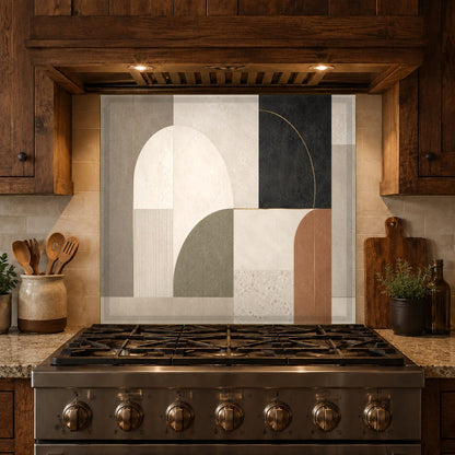 Durable and hygienic glass backsplash panel reflecting light in a contemporary kitchen