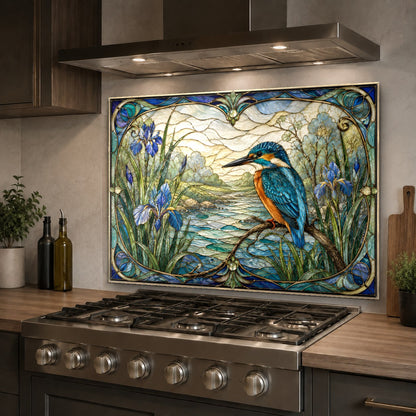 Close up of Bird River kitchen glass backsplash showing vibrant UV printed details
