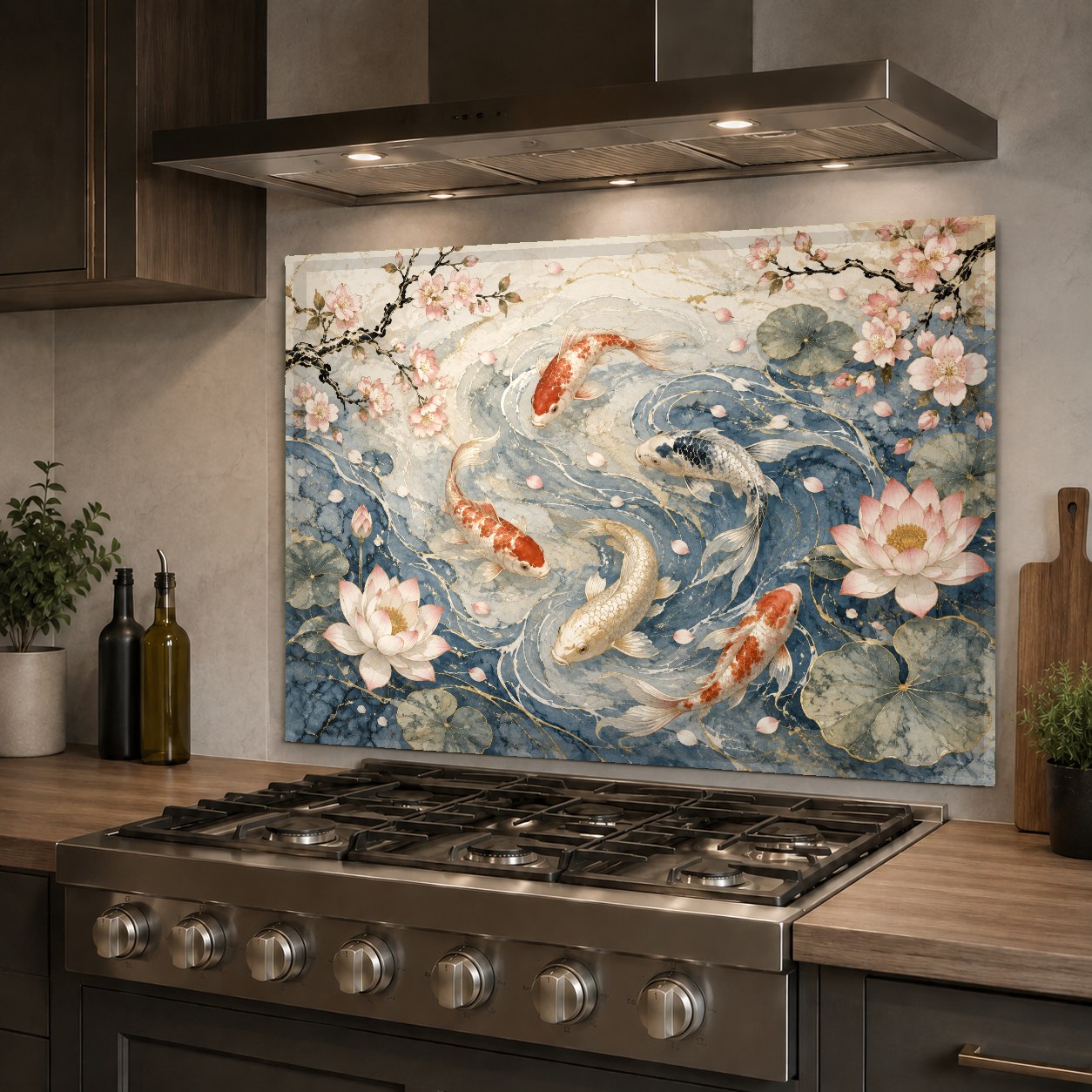 Luxurious koi fish glass backsplash panel mounted on a modern kitchen sink wall