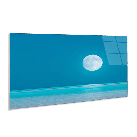 Rectangular glass panel with a blue gradient background and a full moon at the center.