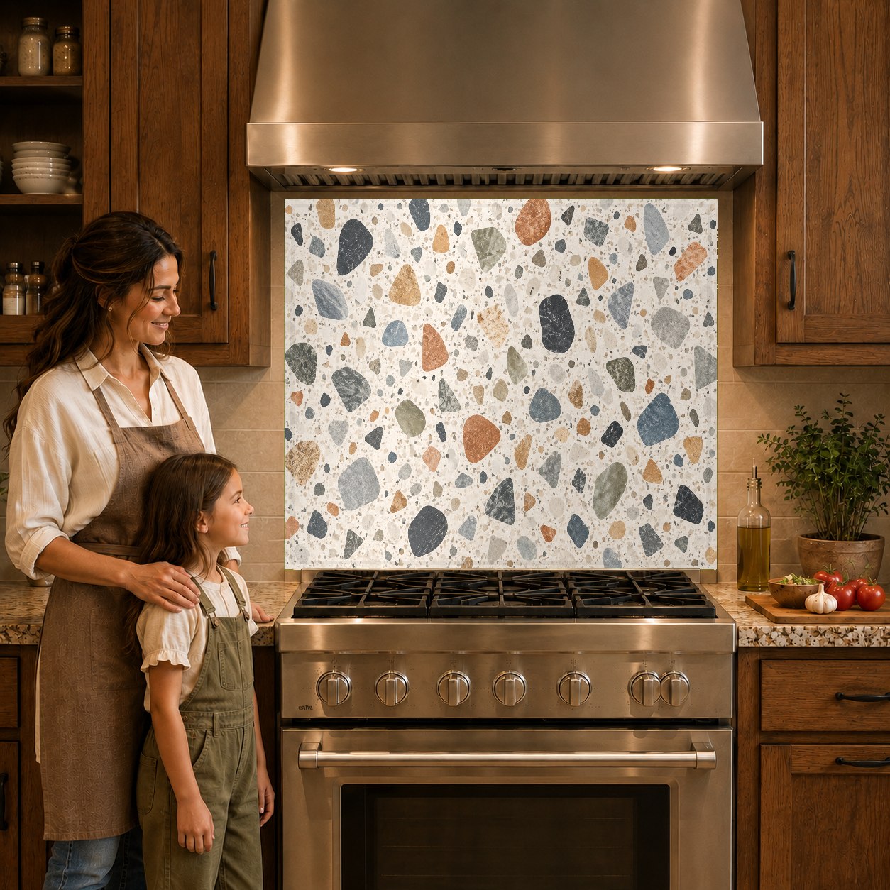 Sleek terrazzo pattern kitchen glass backsplash panel mounted behind an induction cooktop.