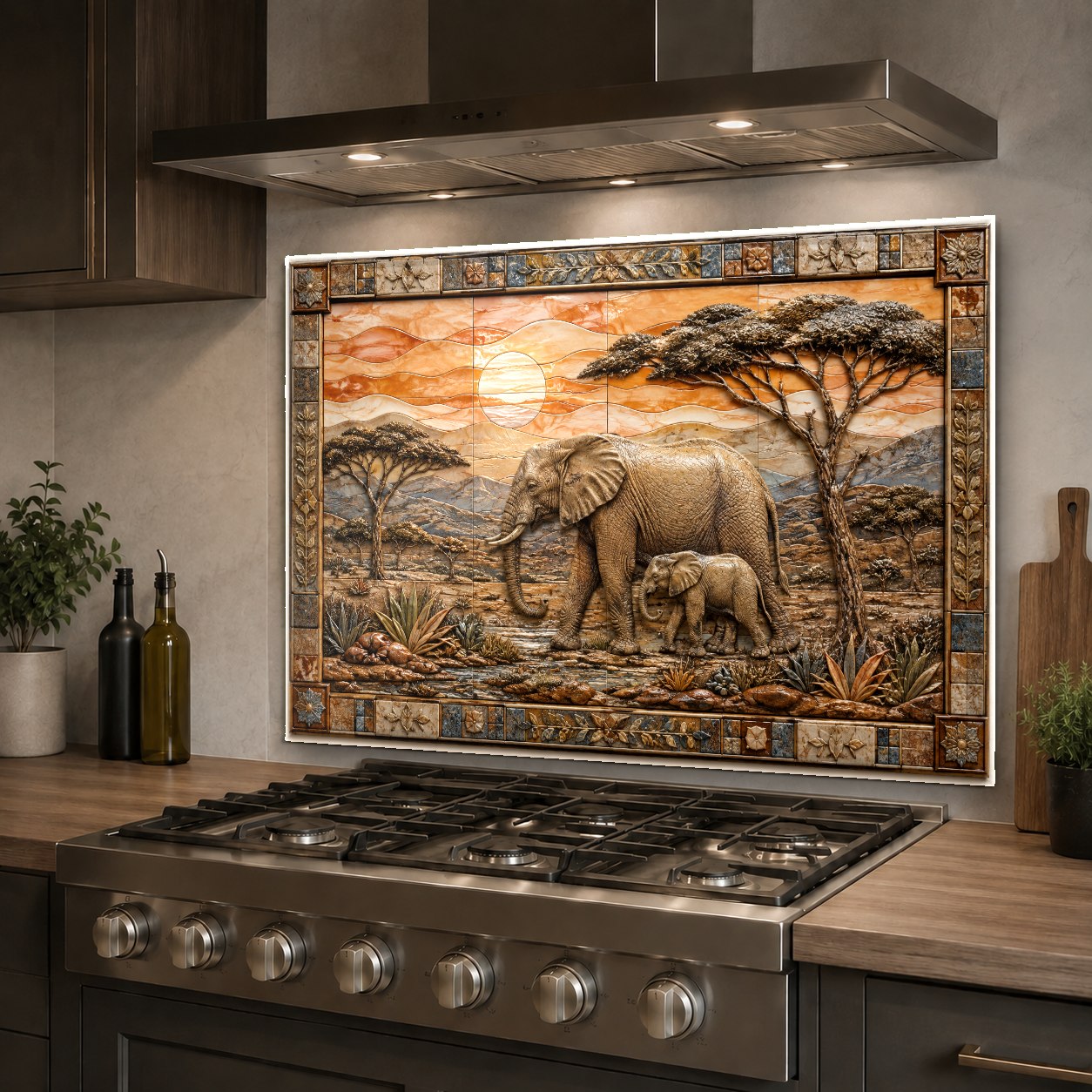 Full kitchen backsplash featuring safari elephant family design behind the stove
