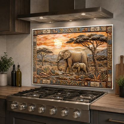 Full kitchen backsplash featuring safari elephant family design behind the stove