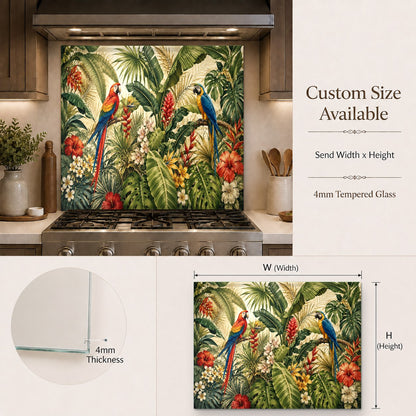 Tropical parrots tempered glass backsplash accenting a modern home bar area