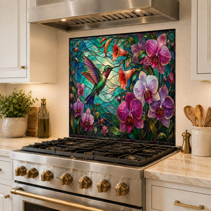 High-gloss floral glass backsplash panel with hummingbird design installed in a modern farmhouse kitchen.