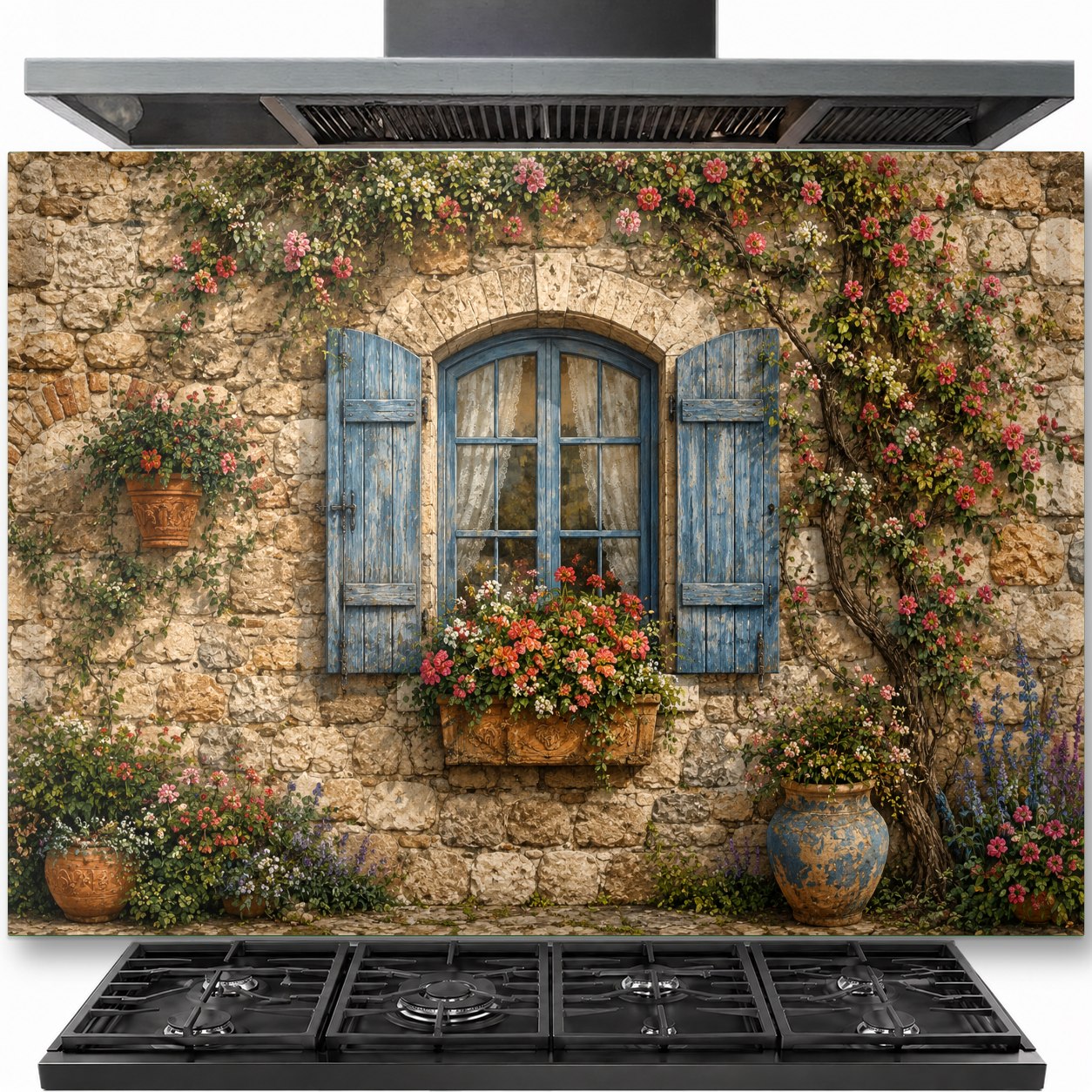 Rustic window tempered glass backsplash installed behind a modern gas stove in a cozy farmhouse kitchen