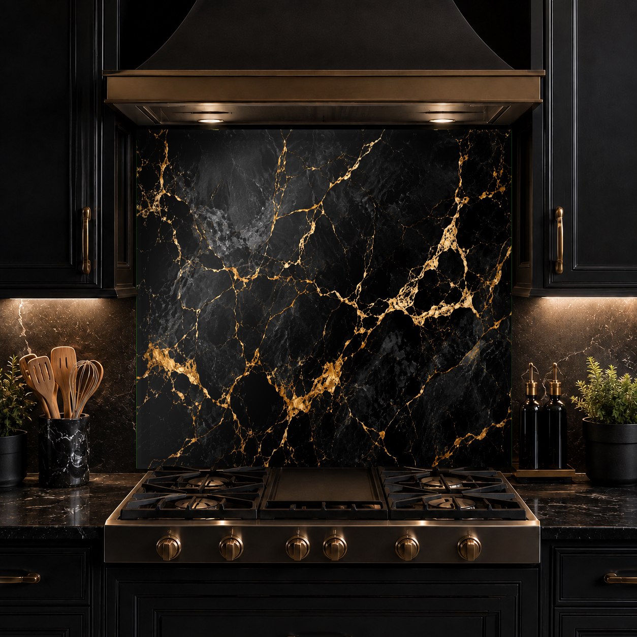 Close-up of the high-gloss, grout-free surface of a noir marble tempered glass backsplash panel.